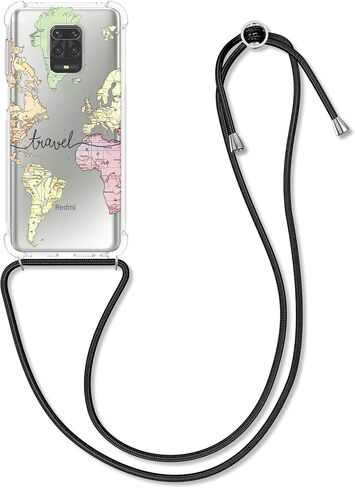 kwmobile Crossbody Case Compatible with Xiaomi Redmi Note 9S / 9 Pro / 9 Pro Max Case Strap - Travel Black/Multicolor/Transparent in Saudi Arabia