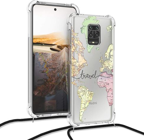 kwmobile Crossbody Case Compatible with Xiaomi Redmi Note 9S / 9 Pro / 9 Pro Max Case Strap - Travel Black/Multicolor/Transparent in Saudi Arabia