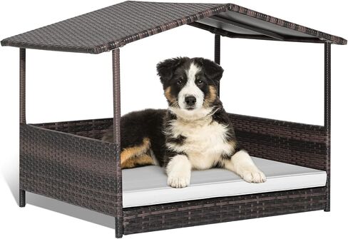 Giantex Wicker Dog House، سرير الكلب الروطان المرتفع مع سقف مقاوم للماء، غطاء وسادة قابل للغسل، إطار فولاذي، سرير كلب مرتفع داخلي وخارجي بيت الحيوانات الأليفة للكلاب الصغيرة المتوسطة والقطط، سهل التجميع in Kuwait