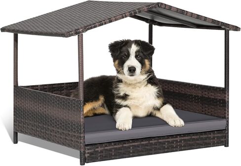 Giantex Wicker Dog House، سرير الكلب الروطان المرتفع مع سقف مقاوم للماء، غطاء وسادة قابل للغسل، إطار فولاذي، سرير كلب مرتفع داخلي وخارجي بيت الحيوانات الأليفة للكلاب الصغيرة المتوسطة والقطط، سهل التجميع in Kuwait