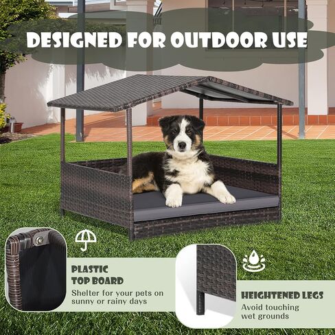 Giantex Wicker Dog House، سرير الكلب الروطان المرتفع مع سقف مقاوم للماء، غطاء وسادة قابل للغسل، إطار فولاذي، سرير كلب مرتفع داخلي وخارجي بيت الحيوانات الأليفة للكلاب الصغيرة المتوسطة والقطط، سهل التجميع in Kuwait