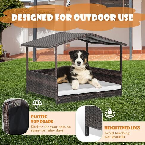 Giantex Wicker Dog House، سرير الكلب الروطان المرتفع مع سقف مقاوم للماء، غطاء وسادة قابل للغسل، إطار فولاذي، سرير كلب مرتفع داخلي وخارجي بيت الحيوانات الأليفة للكلاب الصغيرة المتوسطة والقطط، سهل التجميع in Kuwait
