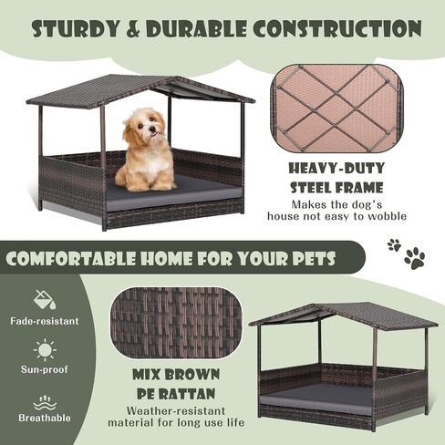 Giantex Wicker Dog House، سرير الكلب الروطان المرتفع مع سقف مقاوم للماء، غطاء وسادة قابل للغسل، إطار فولاذي، سرير كلب مرتفع داخلي وخارجي بيت الحيوانات الأليفة للكلاب الصغيرة المتوسطة والقطط، سهل التجميع in Kuwait