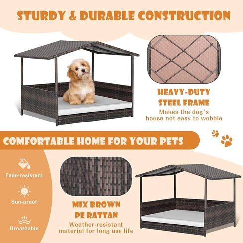 Giantex Wicker Dog House، سرير الكلب الروطان المرتفع مع سقف مقاوم للماء، غطاء وسادة قابل للغسل، إطار فولاذي، سرير كلب مرتفع داخلي وخارجي بيت الحيوانات الأليفة للكلاب الصغيرة المتوسطة والقطط، سهل التجميع in Kuwait