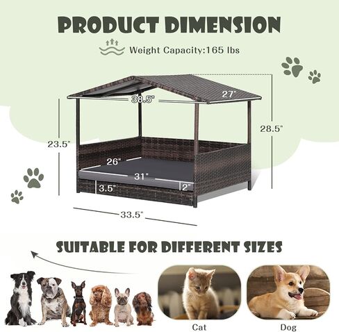 Giantex Wicker Dog House، سرير الكلب الروطان المرتفع مع سقف مقاوم للماء، غطاء وسادة قابل للغسل، إطار فولاذي، سرير كلب مرتفع داخلي وخارجي بيت الحيوانات الأليفة للكلاب الصغيرة المتوسطة والقطط، سهل التجميع in Kuwait