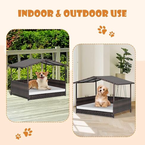 Giantex Wicker Dog House، سرير الكلب الروطان المرتفع مع سقف مقاوم للماء، غطاء وسادة قابل للغسل، إطار فولاذي، سرير كلب مرتفع داخلي وخارجي بيت الحيوانات الأليفة للكلاب الصغيرة المتوسطة والقطط، سهل التجميع in Kuwait