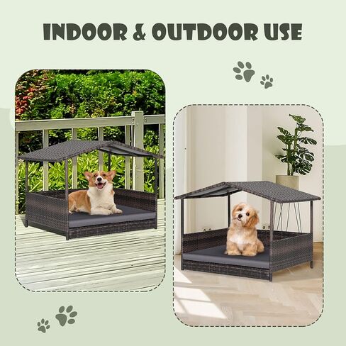 Giantex Wicker Dog House، سرير الكلب الروطان المرتفع مع سقف مقاوم للماء، غطاء وسادة قابل للغسل، إطار فولاذي، سرير كلب مرتفع داخلي وخارجي بيت الحيوانات الأليفة للكلاب الصغيرة المتوسطة والقطط، سهل التجميع in Kuwait
