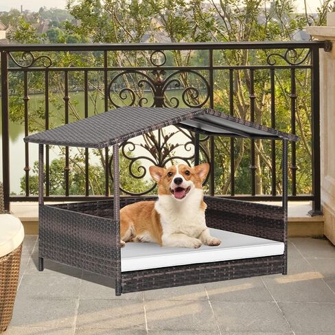 Giantex Wicker Dog House، سرير الكلب الروطان المرتفع مع سقف مقاوم للماء، غطاء وسادة قابل للغسل، إطار فولاذي، سرير كلب مرتفع داخلي وخارجي بيت الحيوانات الأليفة للكلاب الصغيرة المتوسطة والقطط، سهل التجميع in Kuwait