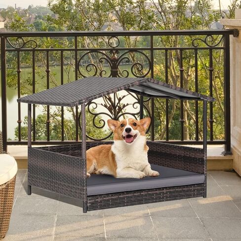 Giantex Wicker Dog House، سرير الكلب الروطان المرتفع مع سقف مقاوم للماء، غطاء وسادة قابل للغسل، إطار فولاذي، سرير كلب مرتفع داخلي وخارجي بيت الحيوانات الأليفة للكلاب الصغيرة المتوسطة والقطط، سهل التجميع in Kuwait