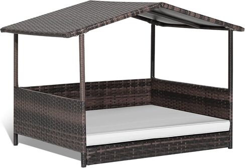 Giantex Wicker Dog House، سرير الكلب الروطان المرتفع مع سقف مقاوم للماء، غطاء وسادة قابل للغسل، إطار فولاذي، سرير كلب مرتفع داخلي وخارجي بيت الحيوانات الأليفة للكلاب الصغيرة المتوسطة والقطط، سهل التجميع in Kuwait