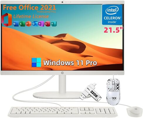 HP 21.5" All-in-One Desktop PC, FHD Display, 32 GB RAM, 1 TB SSD, Intel Celeron J4025 CPU, Webcam, WiFi 6, Wired Mouse Set & KB, with Windows 11 Pro & Office Lifetime License, USB C Flash Drive in Saudi Arabia