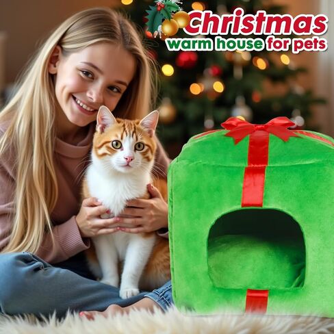PowerKing Christmas Cat House Square Cat Bed Cat Cave قابل للإزالة والغسل للقطط مع قاعدة غير قابلة للانزلاق ووسادة، هدية رائعة لقطتك in Saudi Arabia