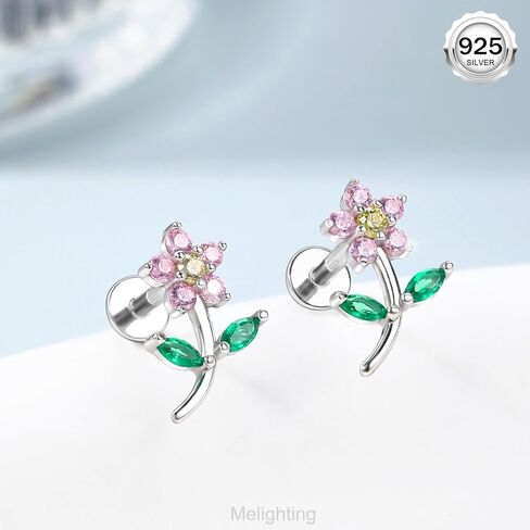 Melighting Sterling Silver Flower Cartilage Earring Internally Threaded 16G Silver Helix Earring Clear CZ 925 Silver Tragus Piercing Jewelry 8mm Helix Stud Flat Back Earring for Women in Kuwait