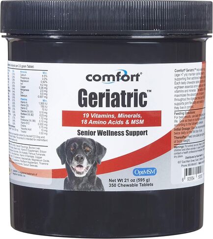 COMFORT Geriatric Supplement for Dogs, 100 Count, Contains MSM, Superoxide Dismutase, Ester-C, 19 Vitamins and Minerals & 18 Amino Acids, Made in The USA in Saudi Arabia