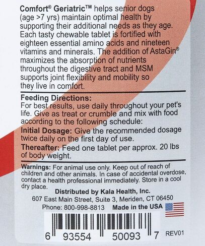 COMFORT Geriatric Supplement for Dogs, 100 Count, Contains MSM, Superoxide Dismutase, Ester-C, 19 Vitamins and Minerals & 18 Amino Acids, Made in The USA in Saudi Arabia