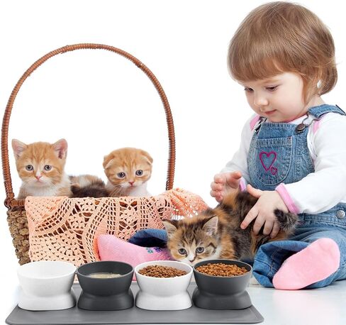 4 قطع من أوعية القطط المرتفعة بزاوية 15 درجة مع حصيرة من السيليكون أوعية القطط المرتفعة الملائمة للقطط ومضادة للقيء وأوعية طعام القطط والماء للقطط الداخلية والقطط الصغيرة in Kuwait