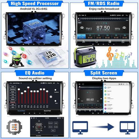 UNITOPSCI 2G+64G 9 Inch Android 13 Car Stereo for VW Jetta Passat Seat Golf MK5 Tiguan Skoda EOS Wireless CarPlay Android Auto Touchscreen Bluetooth GPS Navigation Mirror Link FM/RDS SWC Camera Mic in Saudi Arabia