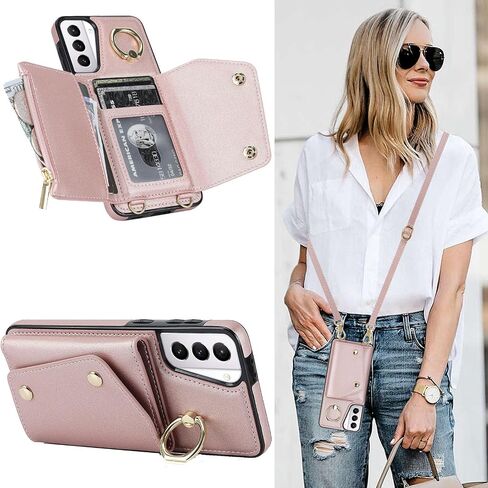 for Samsung Galaxy S21 Case for Women, Crossbody Wallet Case with Credit Card Holder Lanyard Shockproof Purse Kickstand Case for Samsung Galaxy S21.Crossbody Rose Gold in Kuwait