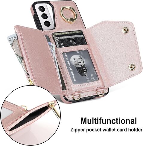 for Samsung Galaxy S21 Case for Women, Crossbody Wallet Case with Credit Card Holder Lanyard Shockproof Purse Kickstand Case for Samsung Galaxy S21.Crossbody Rose Gold in Kuwait