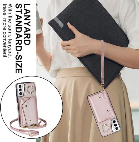 for Samsung Galaxy S21 Case for Women, Crossbody Wallet Case with Credit Card Holder Lanyard Shockproof Purse Kickstand Case for Samsung Galaxy S21.Crossbody Rose Gold in Kuwait