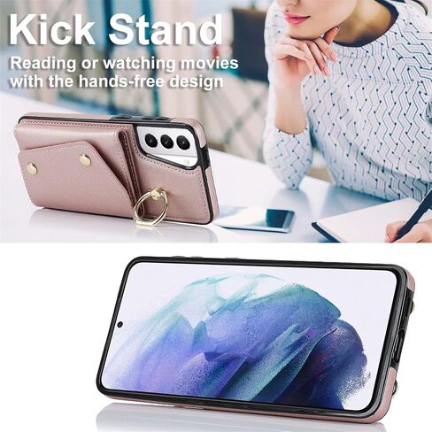 for Samsung Galaxy S21 Case for Women, Crossbody Wallet Case with Credit Card Holder Lanyard Shockproof Purse Kickstand Case for Samsung Galaxy S21.Crossbody Rose Gold in Kuwait
