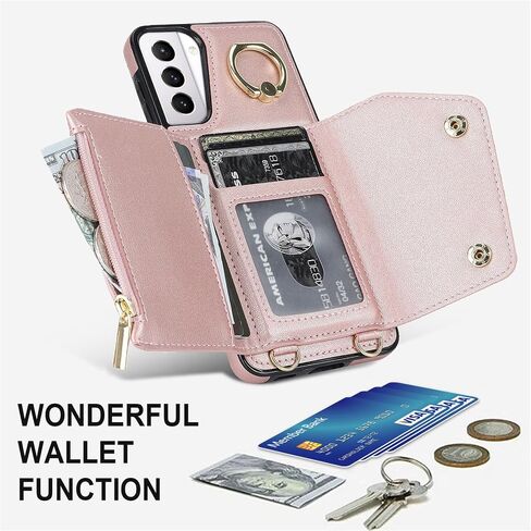 for Samsung Galaxy S21 Case for Women, Crossbody Wallet Case with Credit Card Holder Lanyard Shockproof Purse Kickstand Case for Samsung Galaxy S21.Crossbody Rose Gold in Kuwait