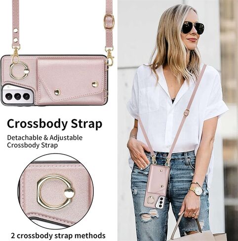for Samsung Galaxy S21 Case for Women, Crossbody Wallet Case with Credit Card Holder Lanyard Shockproof Purse Kickstand Case for Samsung Galaxy S21.Crossbody Rose Gold in Kuwait