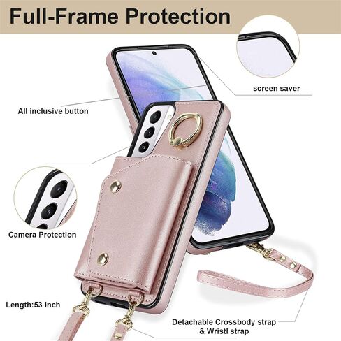 for Samsung Galaxy S21 Case for Women, Crossbody Wallet Case with Credit Card Holder Lanyard Shockproof Purse Kickstand Case for Samsung Galaxy S21.Crossbody Rose Gold in Kuwait