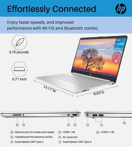 كمبيوتر محمول HP 2024 أحدث Pavilion مقاس 15.6 بوصة عالي الدقة يعمل باللمس للأعمال، معالج Intel i3-1215U سداسي النوى بسرعة تصل إلى 4.4 جيجا هرتز، وذاكرة الوصول العشوائي 16 جيجا بايت، و1 تيرابايت SSD، ورسومات UHD، وشحن سريع، وبطارية 10+ ساعات، وWin 11 Pro + in Saudi Arabia