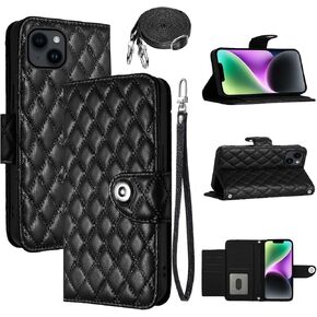 Wallet Case for iPhone 13/14 6.1 inch with Wrist Strap Crossbody Shoulder Strap, Argyle Pattern Leather Flip Stand Cell Phone Cover for iPhone13 iPhone14 5G i i-Phone i13 i14 Girls Women Black