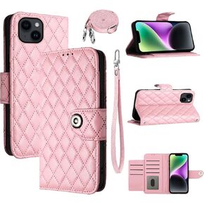 Wallet Case for iPhone 13/14 6.1 inch with Wrist Strap Crossbody Shoulder Strap, Argyle Pattern Leather Flip Stand Cell Phone Cover for iPhone13 iPhone14 5G i i-Phone i13 i14 Girls Women Black