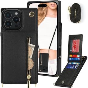 Crossbody Zipper Wallet Case for iPhone 16 Pro Max 6.9" with Card Holder, Lanyard Purse Cover [Removable Shoulder Strap] with Kickstand Function for Apple iPhone 16 Pro Max Zip-Black
