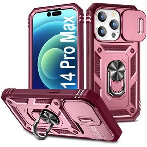 PASNEW for iPhone 14 Pro Max Case,360°Ring Kickstand & Camera Slide Cover,Military Multi-Layer Rugged Heavy Duty Full Body Shockproof Protection Hard Shell Phone Case for 14 Promax 6.7",Pink