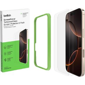 Belkin ScreenForce TemperedGlass Treated Screen Protector for iPhone 16 Pro - Slim & Scratch-Resistant - Includes Easy Align Frame for Bubble Free Application - 2-Pack