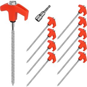 8" Screw in Tent Stakes for Drilling with Hex Heads - Metal Stakes for Ground Heavy Duty Stainless Steel Tent Pegs/Nails/Spikes - 10 Pcs Canopy Stakes Ground Anchors for Camping, Grassland (Orange)