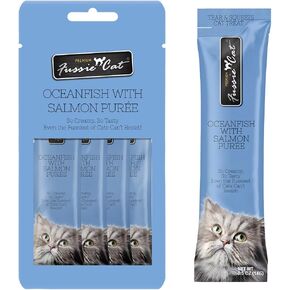Fussie Cat Ocean Fish and Salmon Puree, lickable cat Treats, 0.5oz Pouch Pack of 4