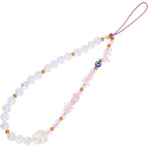 Evil Eye Phone Charm, Flower Beaded Cell Phone Chain Strap White Pink Wrist Strap Evil EyeCell Phone Lanyard Cute Keychain for Women