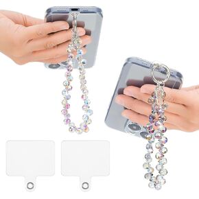 2pcs Crystal Beaded Phone Wrist Strap with Phone Tether Tab Cute Phone Bracelet Strap Blingbling Sparkling Phone Charms Strap for Women Wrist Strap for Phone Case，Cell Phone Lanyard（Black+Transparent）