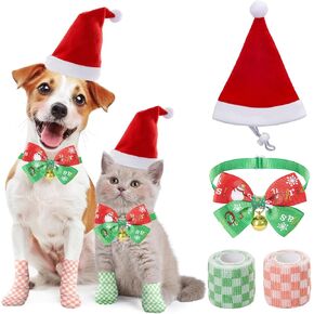 4 Pcs Christmas Dog Costume Set: Adjustable Santa Hat with and Bow Tie Collar- 2pcs Pet Wrap,Pet Costume Accessories for Small Dogs,Cats,Kitten,Puppies,Xmas Pet Outfit