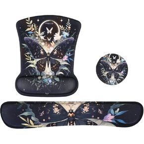 MOSISO Wrist Rest Support for Mouse Pad & Keyboard Set, Ergonomic Mousepad&Coaster Non-Slip Base Home/Office Pain Relief & Easy Typing Cushion with Neoprene Cloth&Raised Memory Foam, Gothic Butterfly
