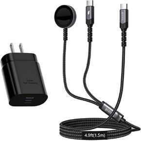 2 in 1 Samsung Watch Charger, 5FT Galaxy Watch Charger Cable with 25W USB C Fast Charger Compatible for Galaxy Watch 7/6/6 Classic/5 Pro/5/4 /3/Active2/1 and Galaxy S24/S23/S22/S21/S20/S10/Note 10/9/8