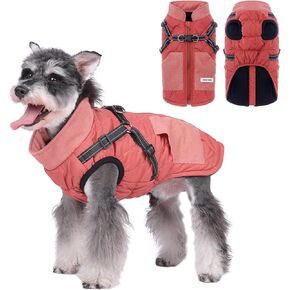 Dog Coat with Harness Built in for Small Medium Dogs Waterproof Winter Jacket Zipper Fleece Dog Vest Pet Apparel Khaki S