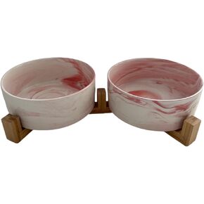 Ceramic Dog Bowl, Cat Bowl – Weighted Pet Bowls with Wooden Stand & Silicone Ring, Non-Slip, Spill-Proof Food and Water Bowl, Dishwasher Safe, Raised Feeder, Small & Large Pets (Grey with Gold Ring)
