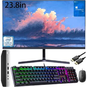 HP Elitedesk 800 G4 Mini PC Desktop w/ 23.8"" FHD Monitor Computer Set, Intel Core i5-8500T, 16GB DDR4 RAM, 256GB SSD, RGB Keyboard & Mouse, DisplayPort, HDMI, RJ-45 Windows 11 Pro, Black (Renewed)