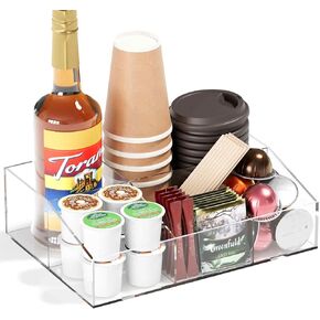 Coffee Bar Station Organizer, Acrylic Countertop Holder for Coffee Pod Cup Condiment Stirrers Snack Tea, Coffee Bar Accessories, Decor and Essentials, Gift for Coffee Lovers, Clear