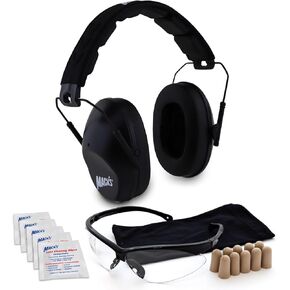 Mack's Double-Up Shooting Earmuff Safety Kit - Black Shooters Ear Muffs, 5 Pair Ultra Soft Foam Ear Plugs and Safety Glasses with Storage Pouch and 5 Lens Wipes