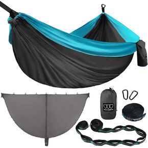 Gold Armour Camping Hammock - Extra Large Double Parachute Hammock (2 Tree Straps 32 Loops,20 ft Included) USA Brand Lightweight Nylon Adults Kids, Camping Accessories Gear (Gray with Bug Net)