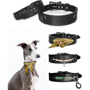 Leather Dog Collar with AirTag Holder, Cool Collars with 3 Changeable Charms: Silk Scarf, Glow Beads, Camphor Wood Beads (pet flea and tick Prevention), Pet Collars for Female/Male, Large/Medium Dog