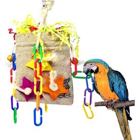 Bird Chewing Toys, Foraging Shredder Bag Bird Toys, with Chain Link Wood Block of Chewable Toys for Small Medium Parrot Parakeet Conure Cockatiel Lovebird Budgie Finch