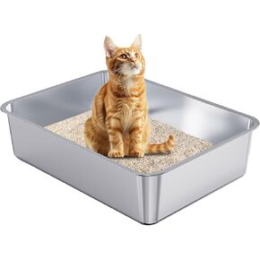 Erinaik Stainless Steel Cat Litter Box, High Sided Metal Litter Pan, No Smell Steel Litter Box for Cats, Non-Sticky, Anti-Leakage, Easy Cleaning (X-Large)